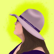 Digital self-portrait of a fat white woman with long brown hair, purple glasses, and a lavender hat on a neon background